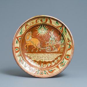 A German slip-decorated inscribed pottery dish with a ploughing farmer, Lower Rhine region, 2nd half 18th C. — photo 1
