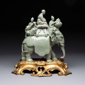 * A gilt-bronze-mounted celadon-glazed group of three figures riding an elephant, probably Samson, Paris, 19th C. — photo 1