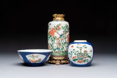 A gilt-bronze-mounted Chinese famille verte vase, a powder-blue-ground bowl and a jar, 19th C.