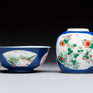 A gilt-bronze-mounted Chinese famille verte vase, a powder-blue-ground bowl and a jar, 19th C. — 照片 4