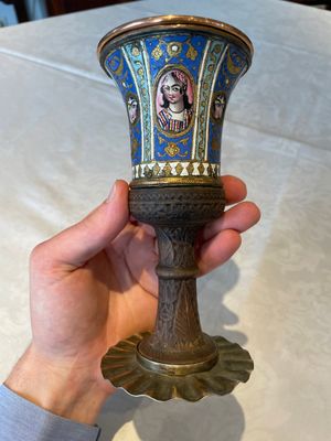 A gilt copper and enamelled water pipe base on wooden stand, Qajar, Iran, 19th C. — 照片 5