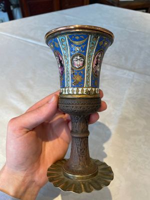A gilt copper and enamelled water pipe base on wooden stand, Qajar, Iran, 19th C. — 照片 6