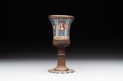 A gilt copper and enamelled water pipe base on wooden stand, Qajar, Iran, 19th C.