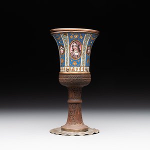 A gilt copper and enamelled water pipe base on wooden stand, Qajar, Iran, 19th C. — 照片 1
