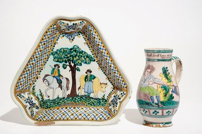 A Gmünden faience jug, Austria, 18th C. and a triangular Ferdiš Kostka dish, Slovakia, ca. 1900
