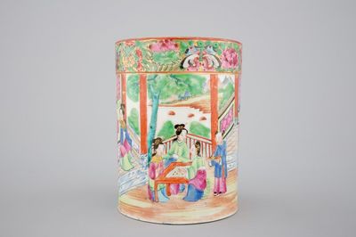 A good Chinese Canton famille rose porcelain brush pot, 19th C.