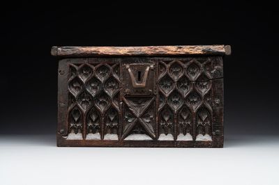A Gothic wrought iron-mounted oak chest, probably France, 14/15th C.