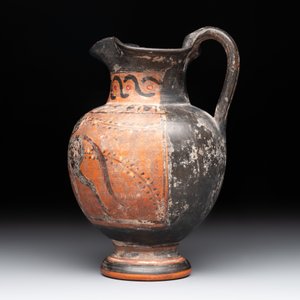 A Greek terracotta 'Oenochoe' vase with Hephaestus and Silenus, Roman era — photo 2