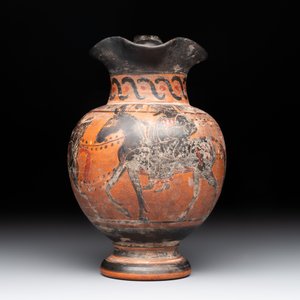 A Greek terracotta 'Oenochoe' vase with Hephaestus and Silenus, Roman era — photo 3