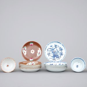 A group of 10 Chinese cups and saucers: Famille rose and batavia brown with blue, white and gilt, Kangxi-Qianlong, 18th C. — photo 1