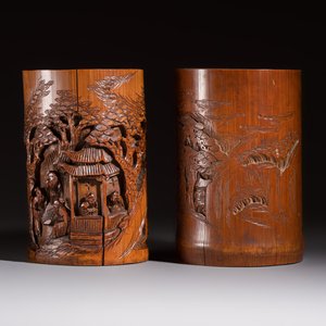 A group of 11 Chinese carved bamboo and wooden works, 19/20th C. — photo 4