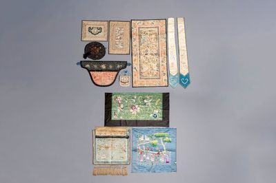 A group of 11 Chinese embroidered silk panels, purses and ornaments, 19/20th C.