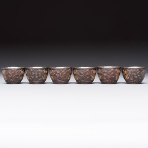 A group of 12 Chinese silver-lined coconut 'Shou 壽' bowls and cups, Wang Hengxin 王恆馨 marks, 19/20th C. — foto 17