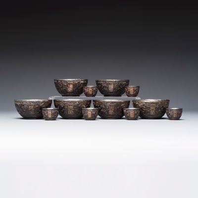 A group of 12 Chinese silver-lined coconut 'Shou 壽' bowls and cups, Wang Hengxin 王恆馨 marks, 19/20th C., Wang Hengxin 王恆馨 marks, 19/20th C.