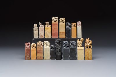 A group of 18 Chinese carved soapstone seals, 20th C.