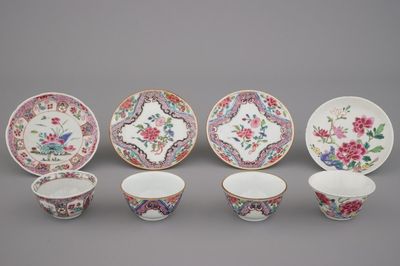 A group of 4 famille rose cups and saucers, Yongzheng and Qianlong