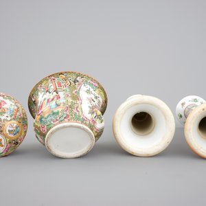 A group of Chinese Canton famille rose wares: a pair of candlesticks, a covered bowl on stand and a oblong tray, 19th C — photo 10