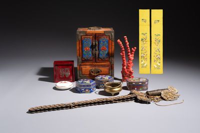 A group of eleven Chinese decorative objects, including bronze, cloisonné, wood, and silk, 20th C.