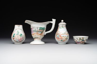 A group of four Chinese export famille rose 'European subject' porcelain, Qianlong