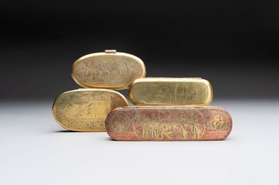 A group of four copper and brass engraved tobacco boxes, The Netherlands, 18th C.