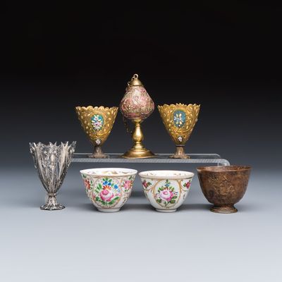 A group of four Ottoman zarfs, a scent burner and two porcelain tea bowls, Turkey, 18/19th C.