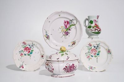 A group of French "faience de l'Est" wares, incl. a tureen, a jug and three plates, 18/19th C.