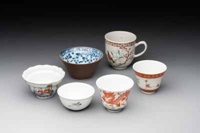 A group of six Chinese blue and white and famille rose cups, Chenghua, Tongzhi and Guangxu mark, Kangxi and later