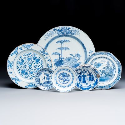 A group of six Chinese blue and white wares, Kangxi and jade marks, Kangxi and later