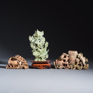A group of six Chinese soapstone and jade carvings — photo 2
