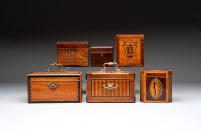 A group of six wooden tea caddies with inlaid decoration, The Netherlands, 18th C.