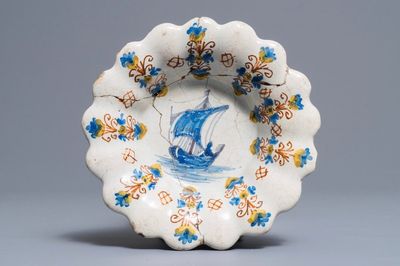 A Haarlem maiolica lobed dish with a boat, Verstraeten workshop, 17th C.