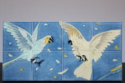 A Hemiksem Gilliot & Cie. Art Nouveau tile panel ca. 1900 with fighting birds