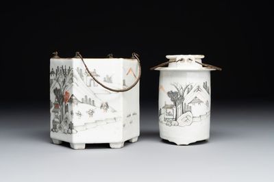 A hexagonal Chinese grisaille covered wine jug and warmer, signed Xinan Xushan 新安旭山, Guangxu mark, 19th C.