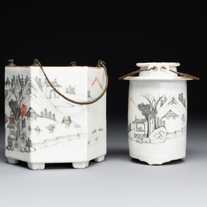A hexagonal Chinese grisaille covered wine jug and warmer, signed Xinan Xushan 新安旭山, Guangxu mark, 19th C. — foto 1