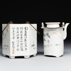 A hexagonal Chinese grisaille covered wine jug and warmer, signed Xinan Xushan 新安旭山, Guangxu mark, 19th C. — foto 2