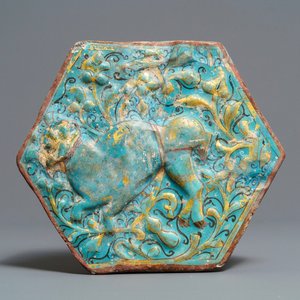 A hexagonal Lajvardina-glazed turquoise-ground tile, Kashan, Iran, 13th C. — photo 1