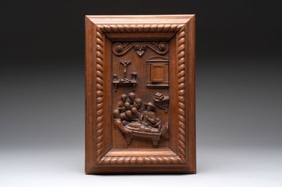 A high-relief wooden panel depicting Rembrandt's 'The Anatomy Lesson of Dr. Nicolaes Tulp', Germany, 19/20th C.