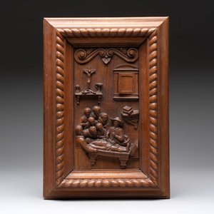 A high-relief wooden panel depicting Rembrandt's 'The Anatomy Lesson of Dr. Nicolaes Tulp', Germany, 19/20th C. — 照片 1