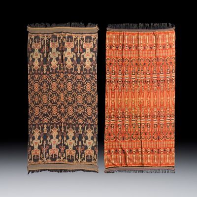 A hinggi shoulder cloth with warrior motifs and an Iban pua textile with human and animal motifs, East Sumba and Borneo, 20th C.