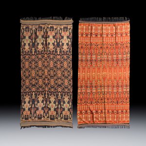A hinggi shoulder cloth with warrior motifs and an Iban pua textile with human and animal motifs — photo 1