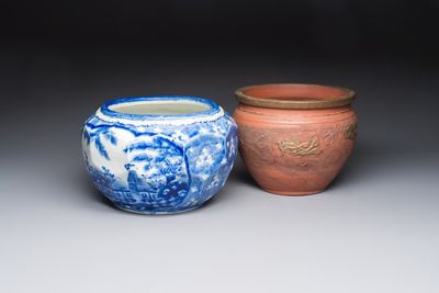 A Japanese blue and white jardinière and a Tokoname stoneware jardinière, 19/20th C.