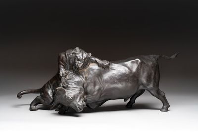 A Japanese bronze okimono of a tiger and a bull, signed Sano Takachika 佐野隆親, Meiji, 19th C.