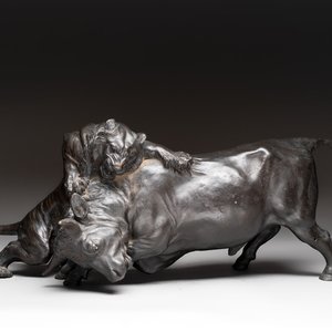 A Japanese bronze okimono of a tiger and a bull, signed Sano Takachika 佐野隆親, Meiji, 19th C. — photo 1