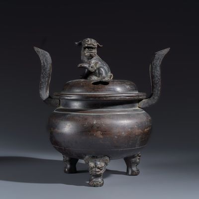 A Japanese bronze tripod censer with handles and cover, Edo, dated 1777