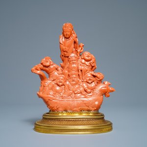 A Japanese carved red coral group of the seven lucky gods on a phoenix boat, Meiji, 19th C. — photo 2