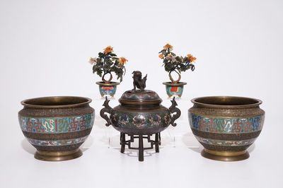 A Japanese censer, a pair of urns and two semi-precious stone trees in bronze and champlevé, Meiji, 19/20th C.