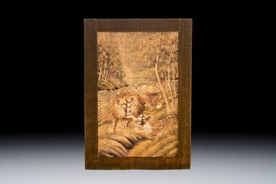 A Japanese embroidered silk panel with two tigers and a lion, Meiji, 19th C.