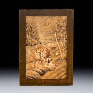 A Japanese embroidered silk panel with two tigers and a lion, Meiji, 19th C. — photo 1