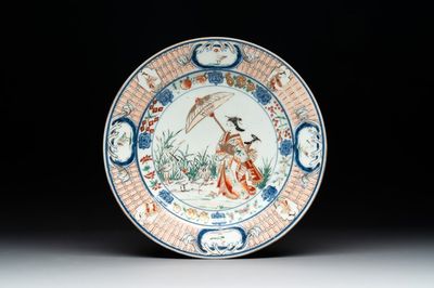 A Japanese Imari 'Parasol Ladies' dish after Cornelis Pronk, Edo, 18th C.