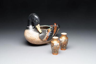 A Japanese Kutani duck-form vessel and a pair of small Satsuma vases, 19th C.